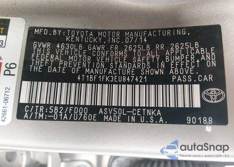 2014 Toyota Camry Le z USA, uszkodzony, nr VIN 4T1BF1FK3EU847421